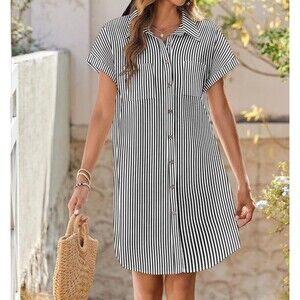 Womens Blue White Striped Long Sleeve Cotton Shirt Dress Size Medium